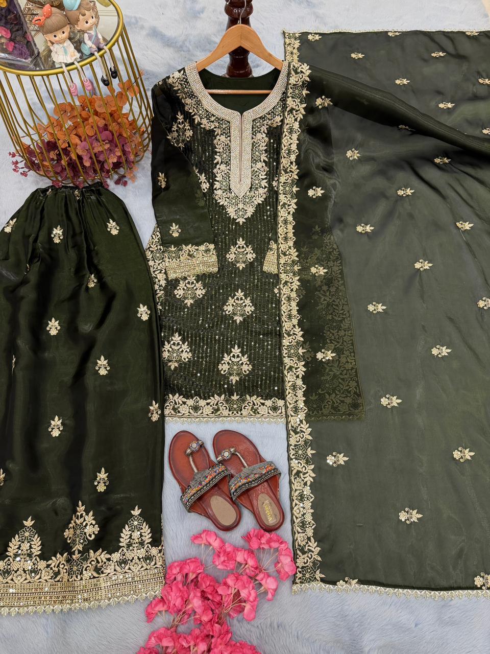 Anaita Mehendi Silk Readymade Suit with Embroidery & Diamond Work | Grocsy