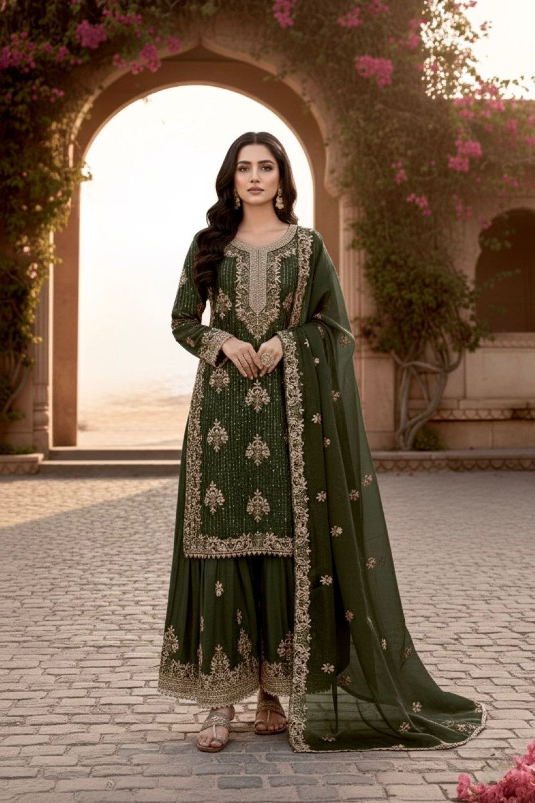 Anaita Mehendi Silk Readymade Suit with Embroidery & Diamond Work | Grocsy