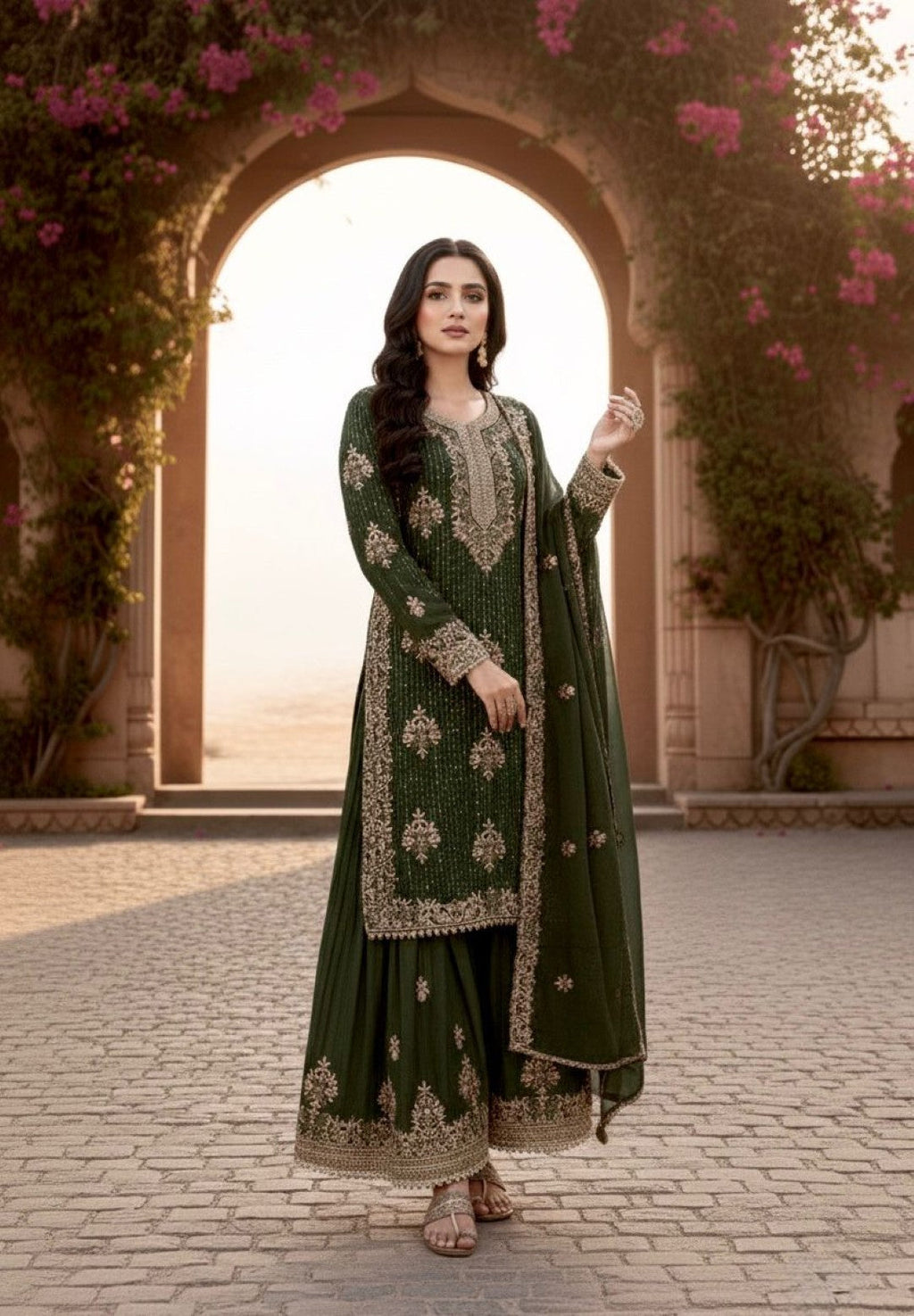 Anaita Mehendi Silk Readymade Suit with Embroidery & Diamond Work | Grocsy