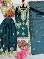 Anaita Teal Blue Silk Readymade Suit with Embroidery & Diamond Work | Grocsy