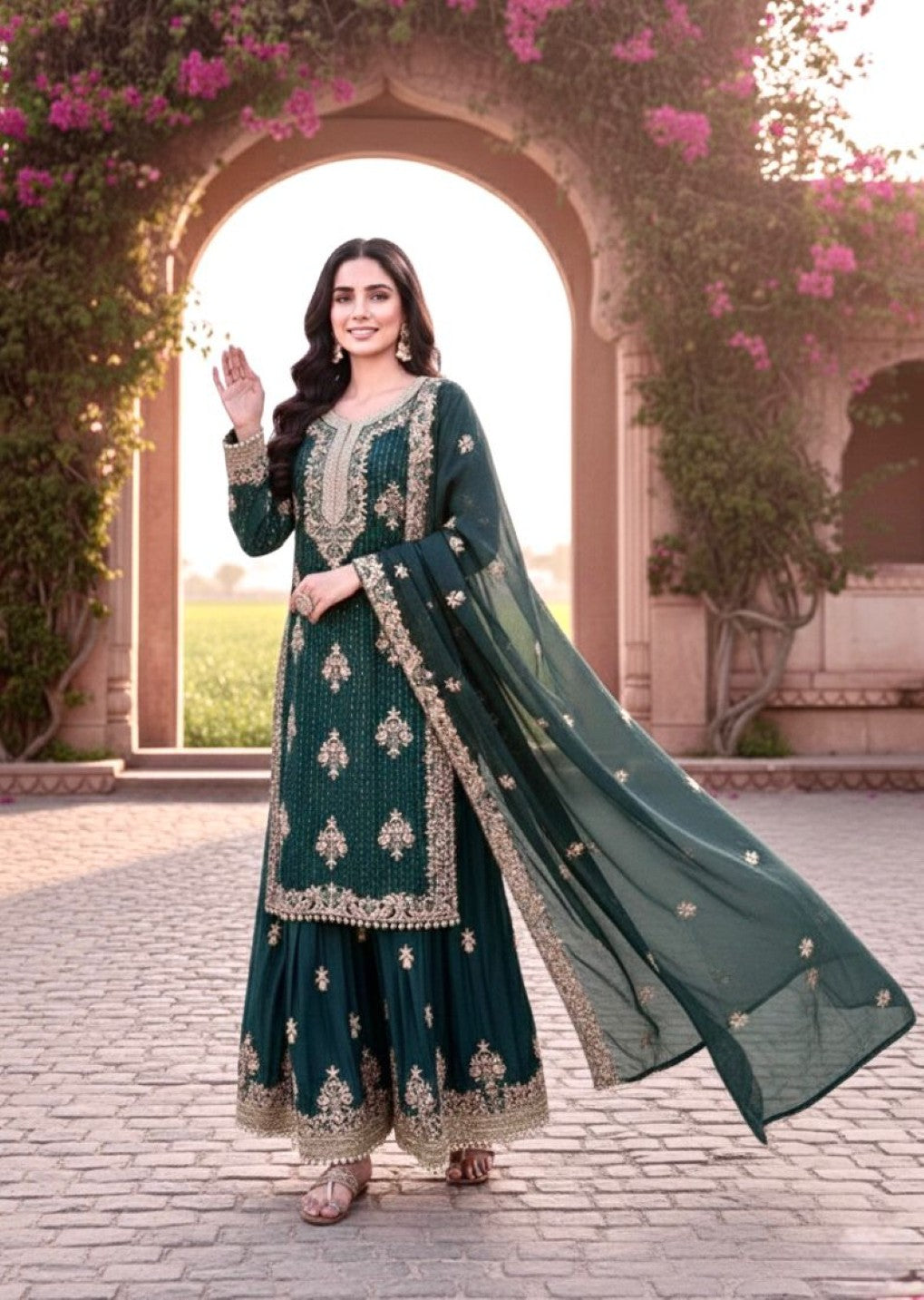 Anaita Teal Blue Silk Readymade Suit with Embroidery & Diamond Work | Grocsy