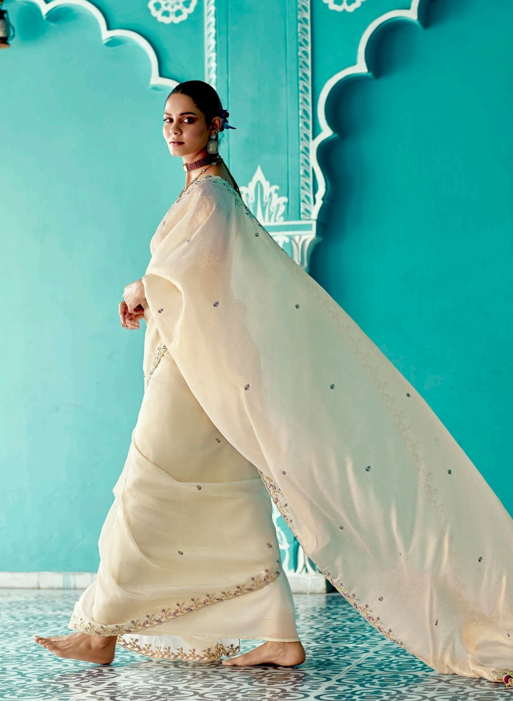 Anaita Beige Embroidery Work Saree With Jacquard Work Blouse Piece | Grocsy