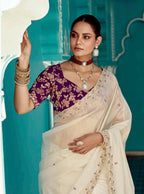 Anaita Beige Embroidery Work Saree With Jacquard Work Blouse Piece | Grocsy