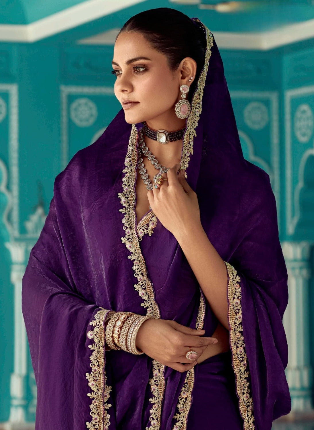 Anaita Violet Embroidery Work Saree With Jacquard Work Blouse Piece | Grocsy