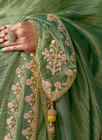 Anaita Green Embroidery Work Saree With Jacquard Work Blouse Piece | Grocsy