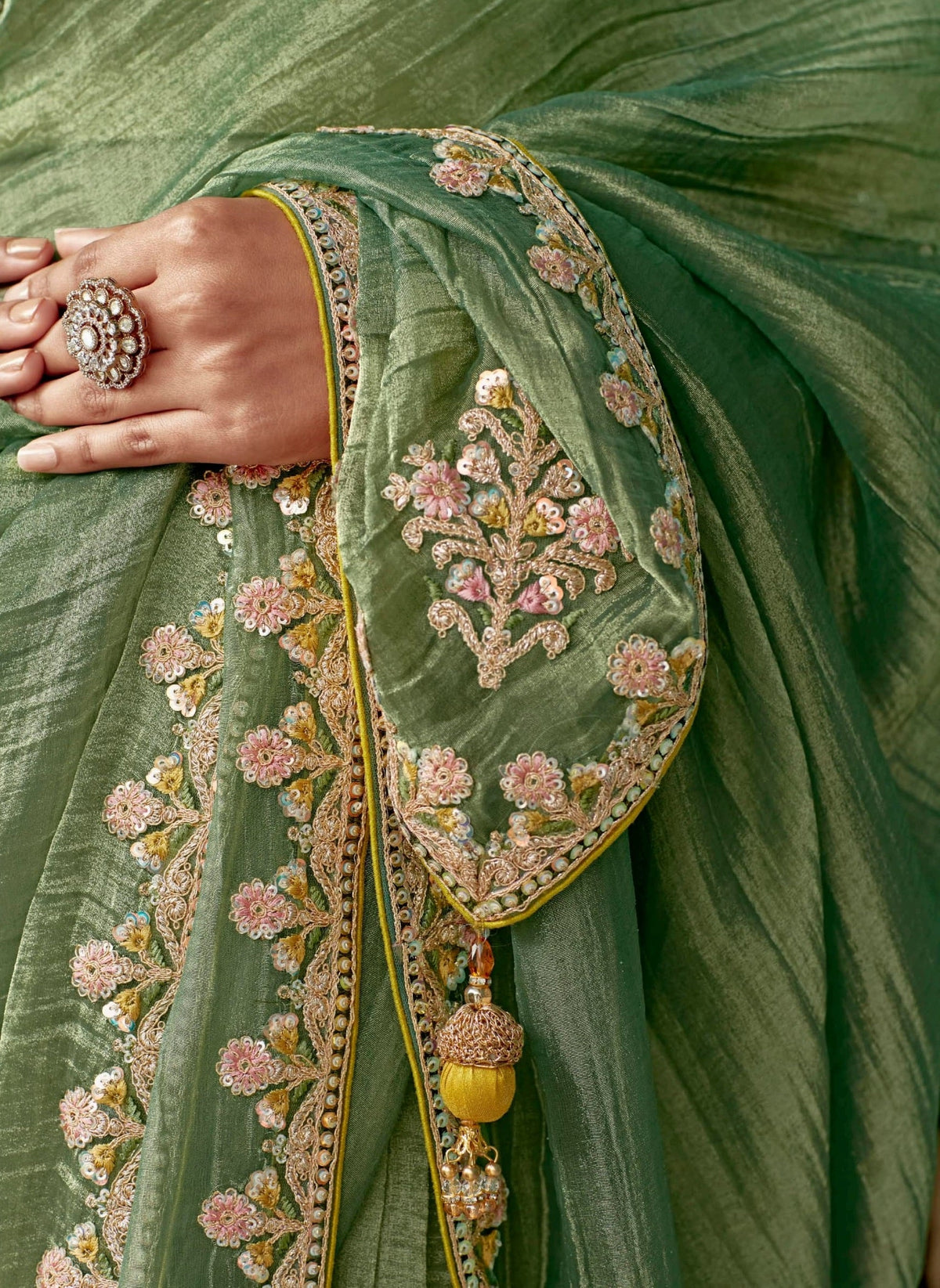 Anaita Green Embroidery Work Saree With Jacquard Work Blouse Piece | Grocsy