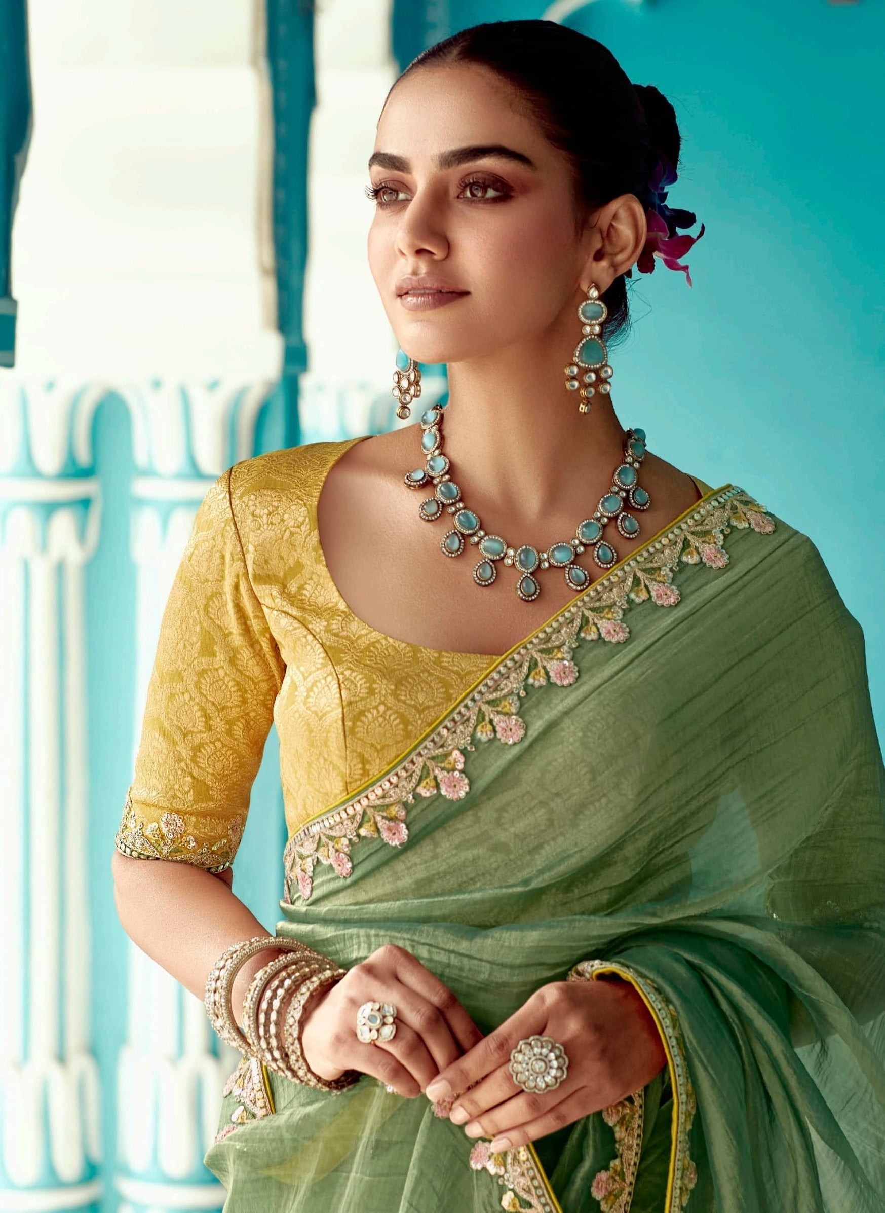 Anaita Green Embroidery Work Saree With Jacquard Work Blouse Piece | Grocsy