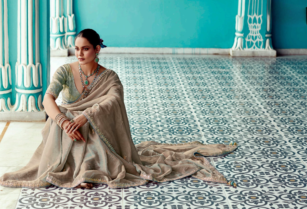 Anaita Cream Embroidery Work Saree With Jacquard Work Blouse Piece | Grocsy