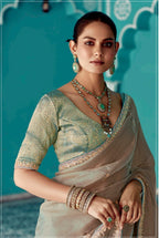 Anaita Cream Embroidery Work Saree With Jacquard Work Blouse Piece | Grocsy