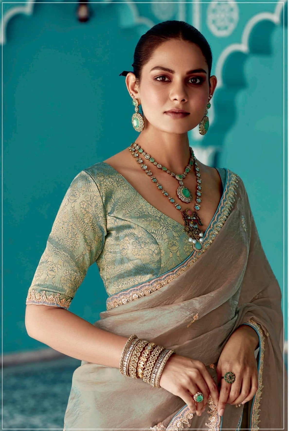 Anaita Cream Embroidery Work Saree With Jacquard Work Blouse Piece | Grocsy