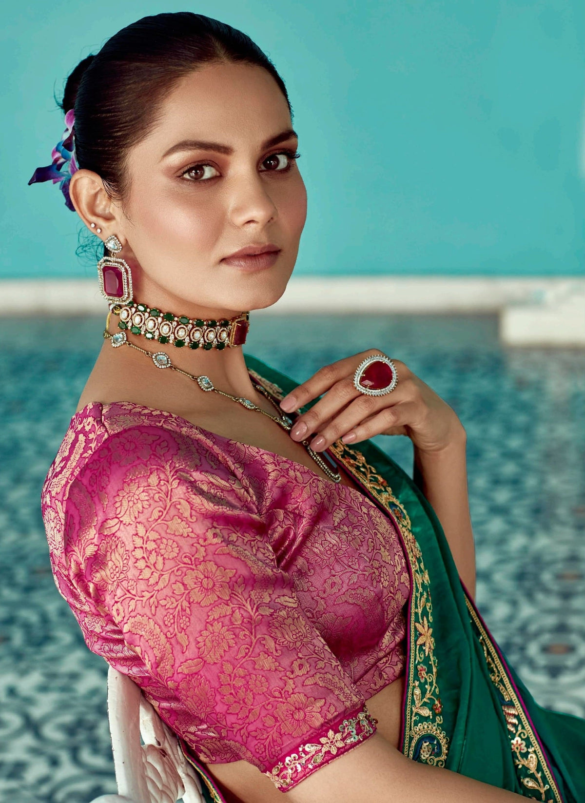 Anaita Dark Green Embroidery Work Saree With Jacquard Work Blouse Piece | Grocsy