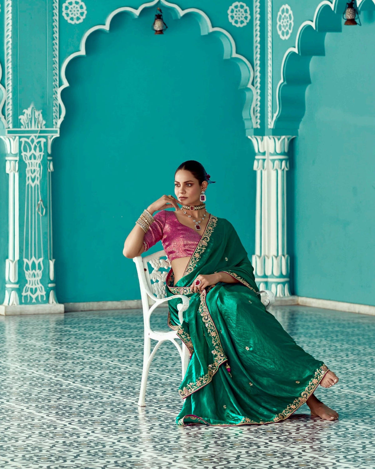 Anaita Dark Green Embroidery Work Saree With Jacquard Work Blouse Piece | Grocsy