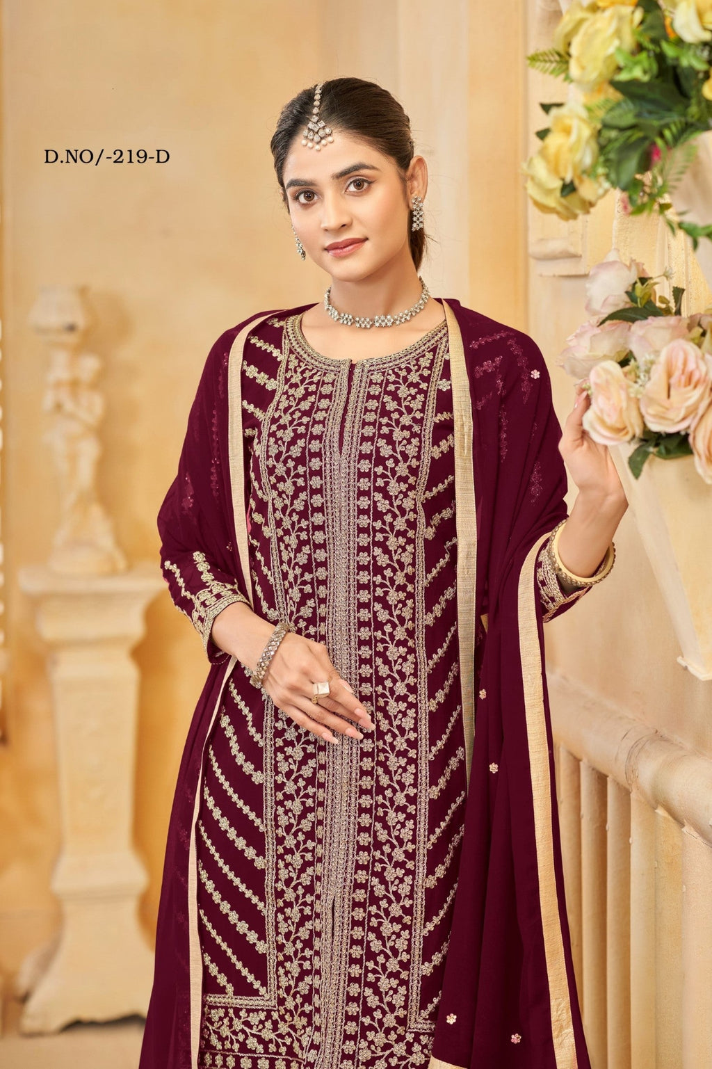 Anaita Maroon Faux Georgette Embroidered Stitched Salwar Suit | Grocsy