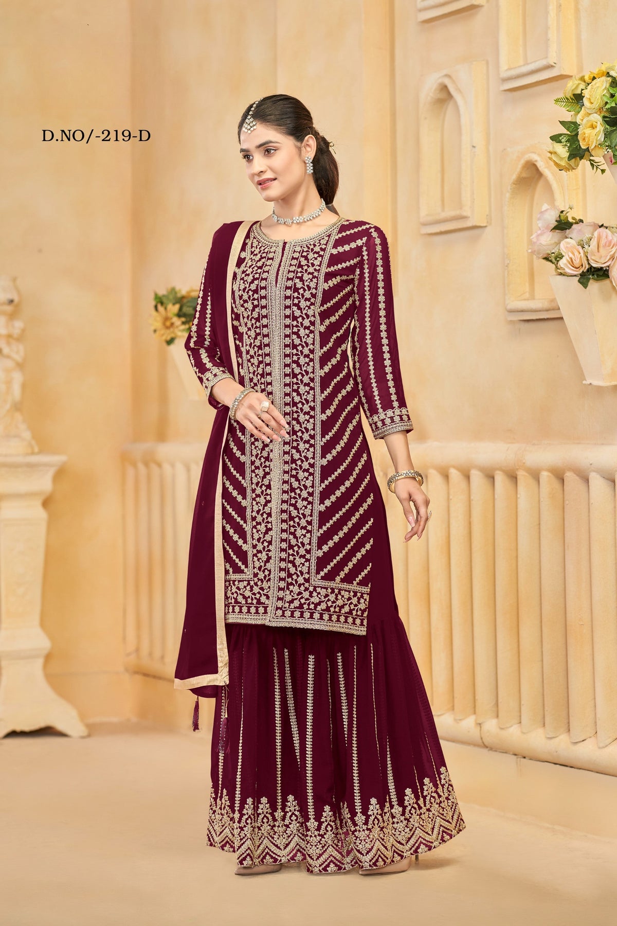 Anaita Maroon Faux Georgette Embroidered Stitched Salwar Suit | Grocsy