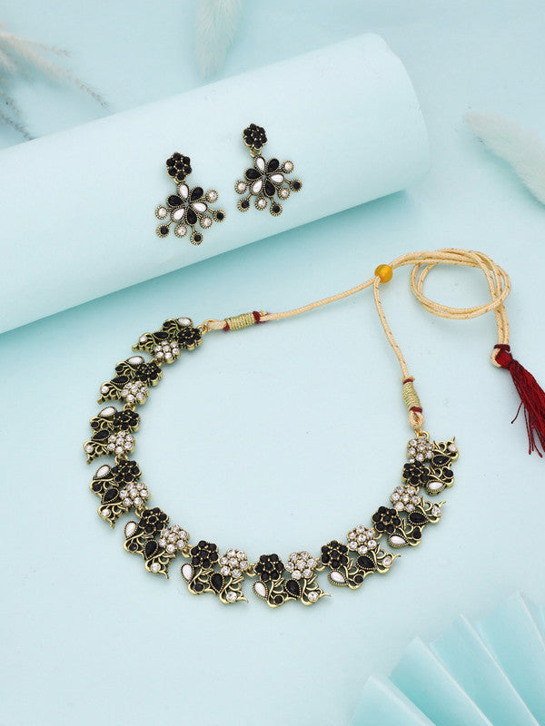 Tehzeeb Creations Luxurious Gold Polished Black &White Colour Choker Necklace Set With Matching Earrings | Grocsy