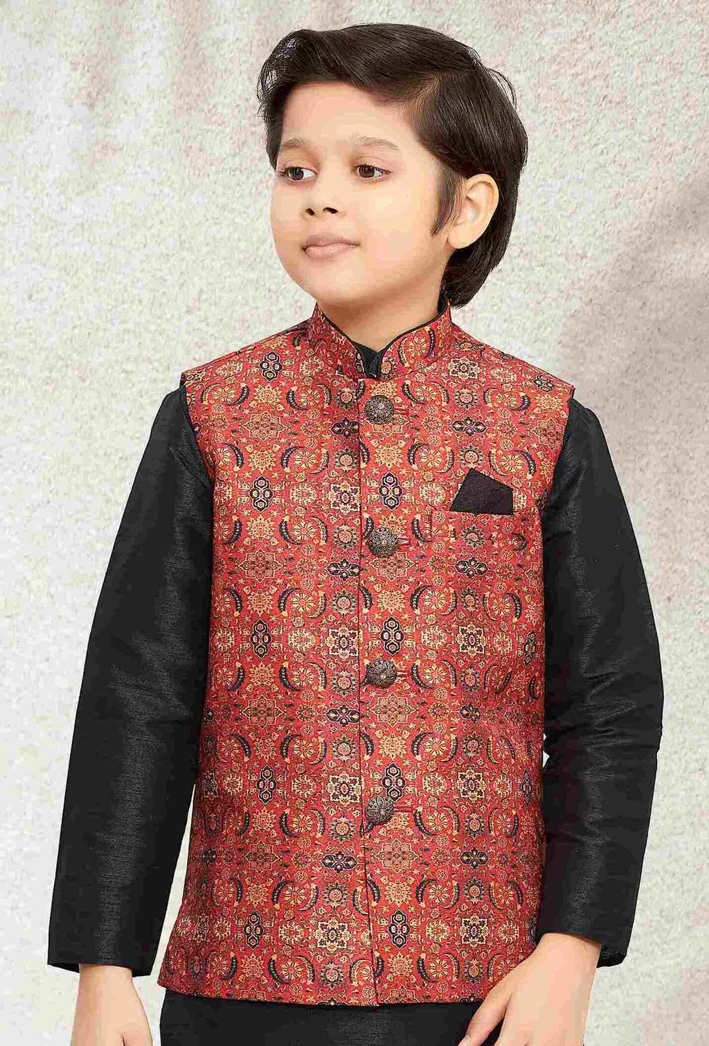 Raivat Ethnic Banarasi Silk Digital Printed Kurta Pajama With Jacket In Maroon Colour | Grocsy