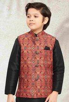 Raivat Ethnic Banarasi Silk Digital Printed Kurta Pajama With Jacket In Maroon Colour | Grocsy