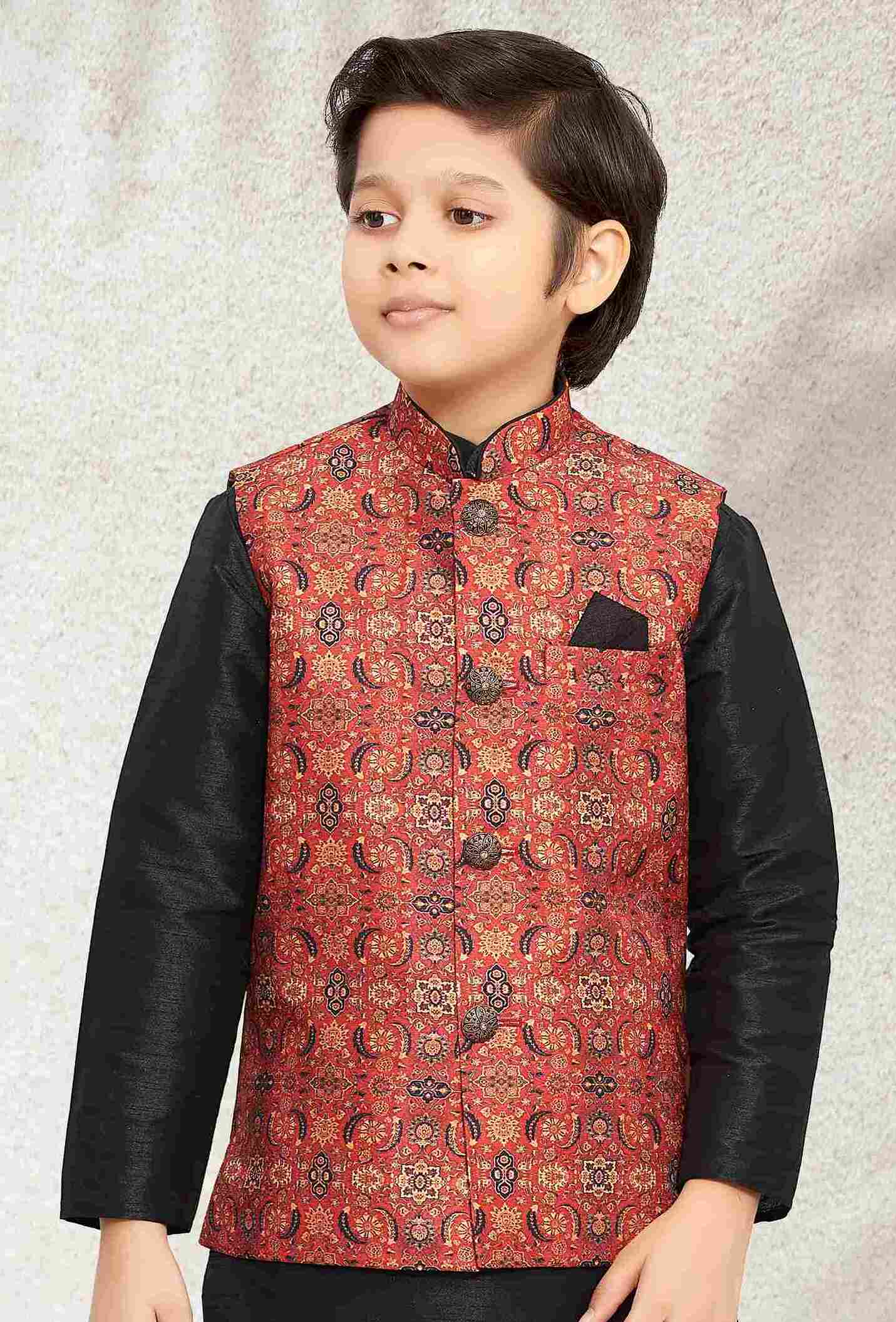 Raivat Ethnic Banarasi Silk Digital Printed Kurta Pajama With Jacket In Maroon Colour | Grocsy