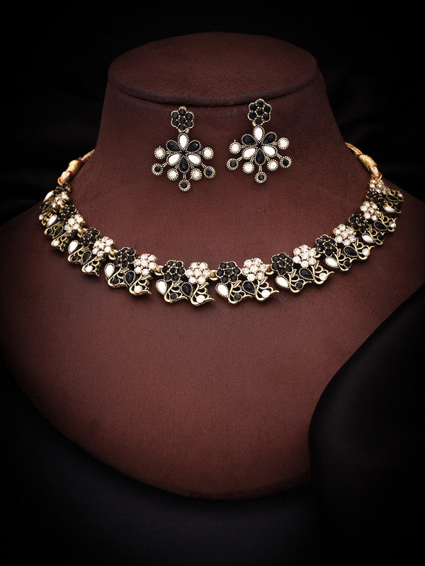 Tehzeeb Creations Luxurious Gold Polished Black &White Colour Choker Necklace Set With Matching Earrings | Grocsy