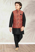 Raivat Ethnic Banarasi Silk Digital Printed Kurta Pajama With Jacket In Maroon Colour | Grocsy