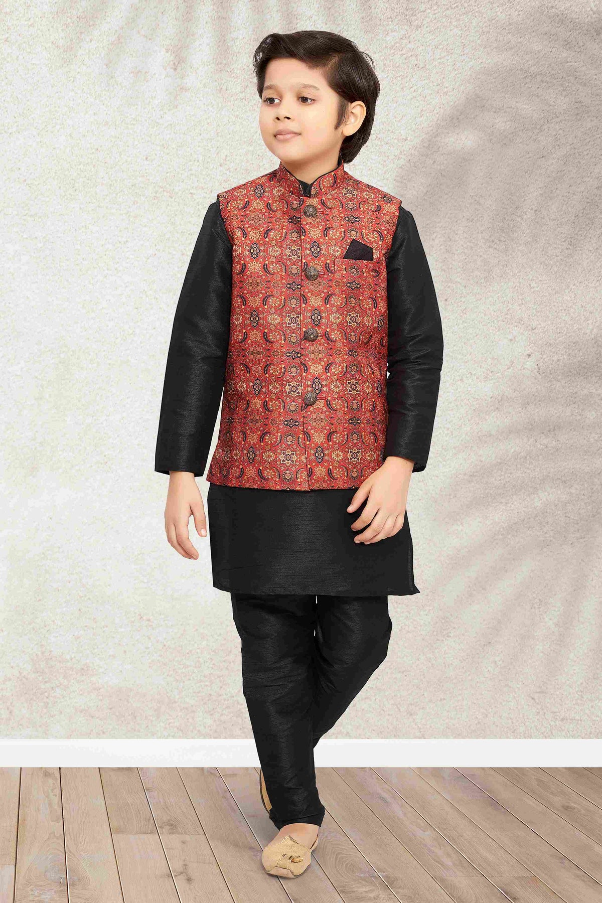 Raivat Ethnic Banarasi Silk Digital Printed Kurta Pajama With Jacket In Maroon Colour | Grocsy