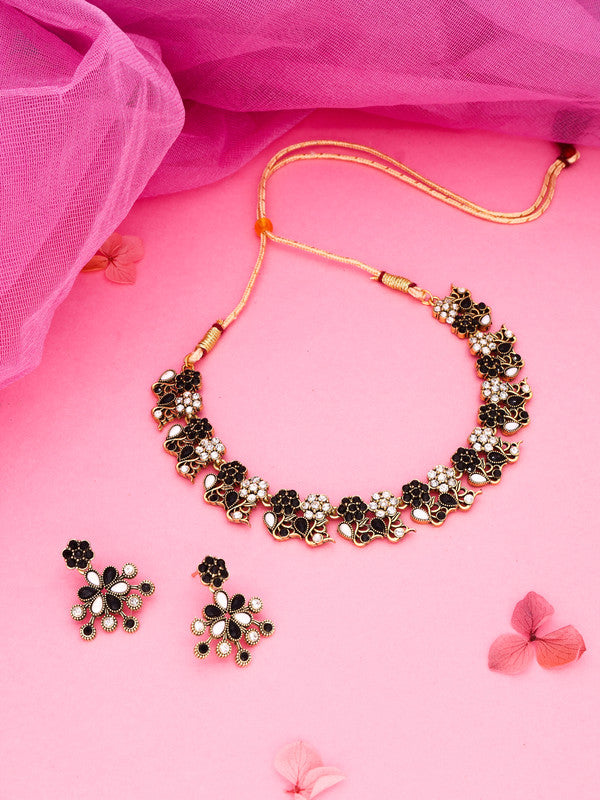 Tehzeeb Creations Luxurious Gold Polished Black &White Colour Choker Necklace Set With Matching Earrings | Grocsy