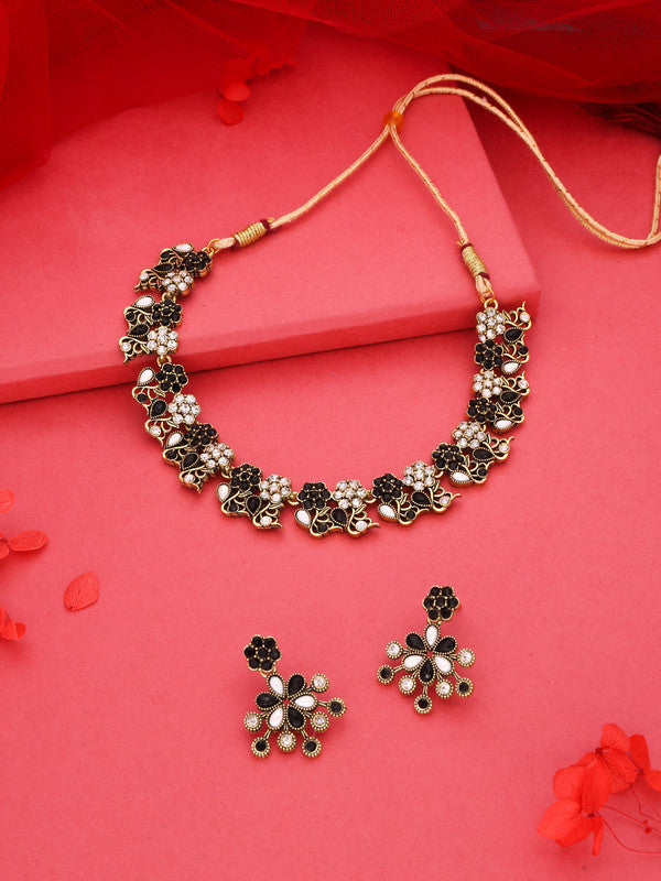 Tehzeeb Creations Luxurious Gold Polished Black &White Colour Choker Necklace Set With Matching Earrings | Grocsy