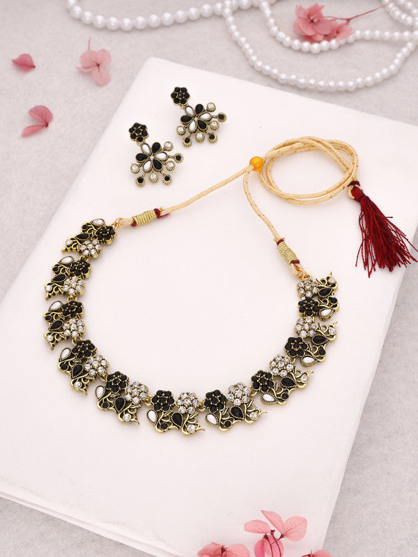 Tehzeeb Creations Luxurious Gold Polished Black &White Colour Choker Necklace Set With Matching Earrings | Grocsy