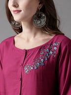 HERE&NOW Embroidered Wine Viscose Kurta | Grocsy