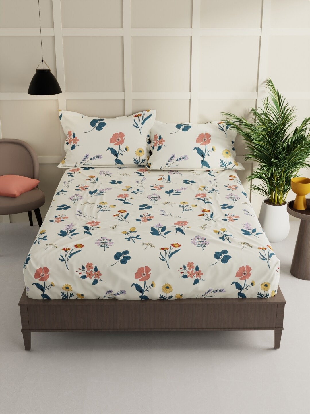 BIANCA LA-VOGUE Beige & Green Floral 152 TC Queen Bedsheet With 2 Pillow Covers | Grocsy