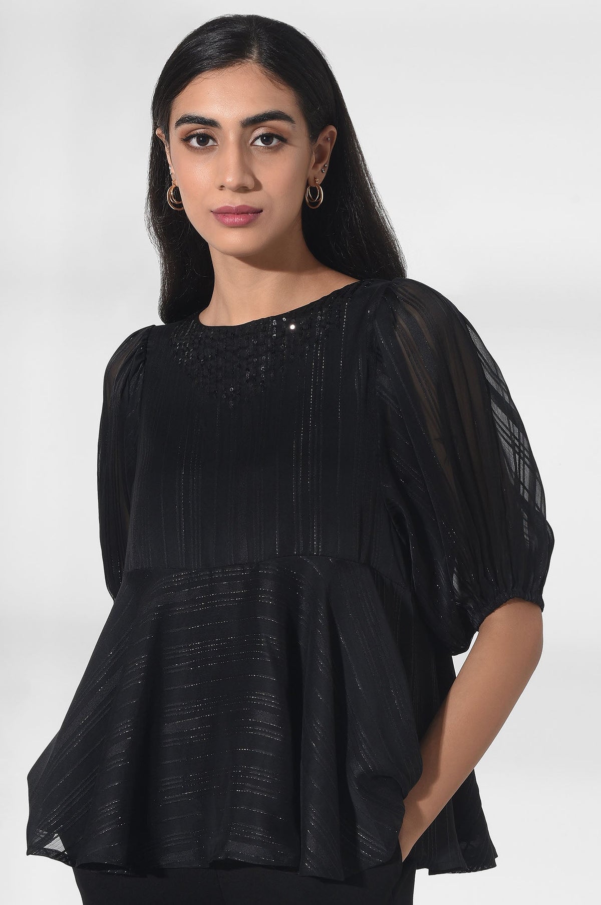 W for Woman Black Lurex Striped Top | Grocsy