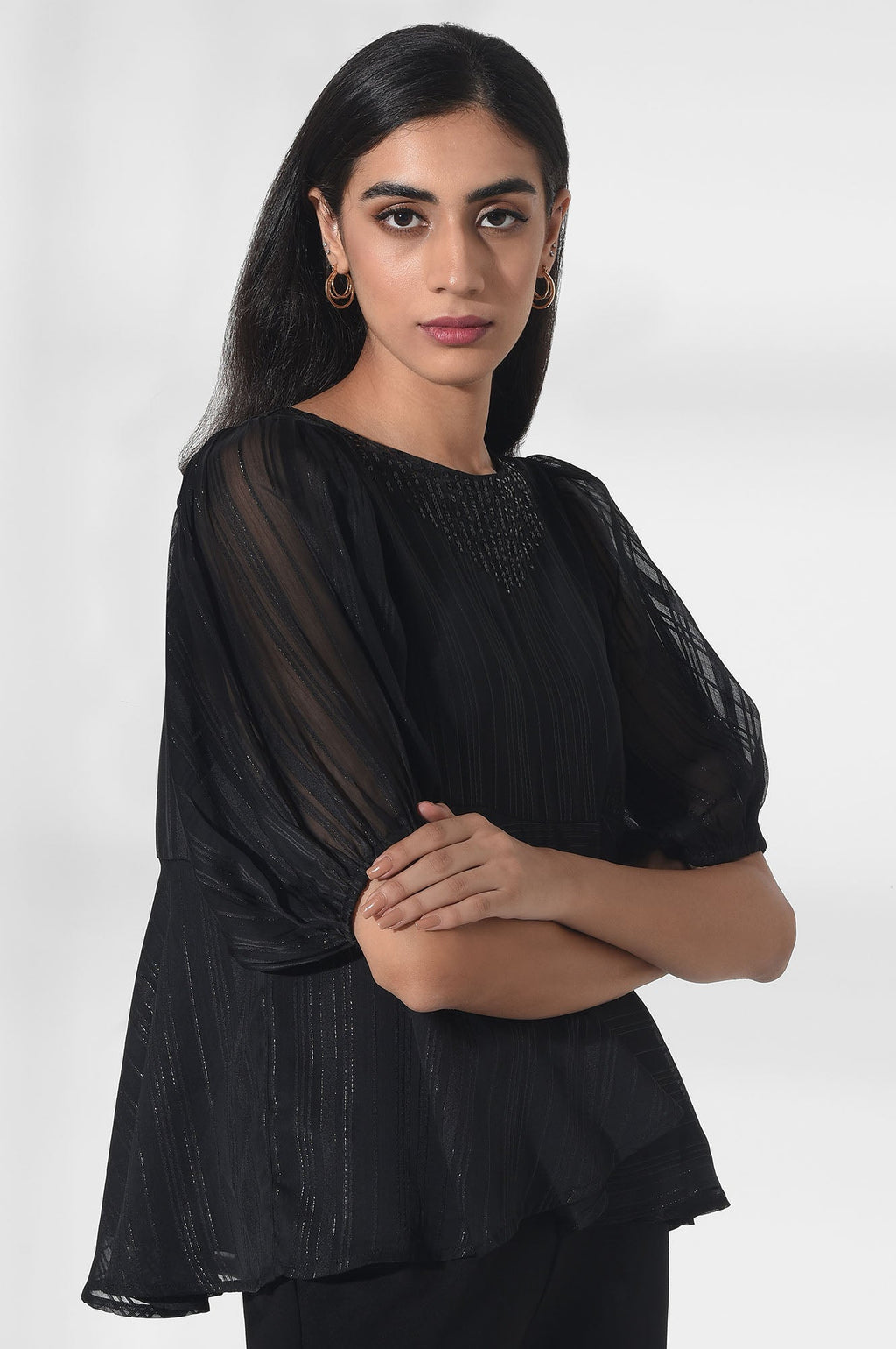 W for Woman Black Lurex Striped Top | Grocsy
