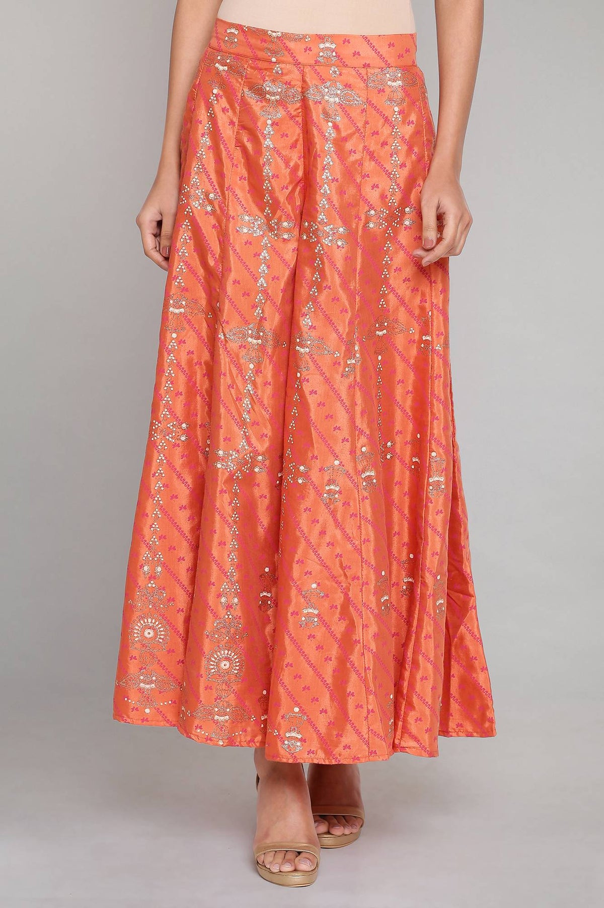 W for Woman Orange Printed Flared Pants | Grocsy
