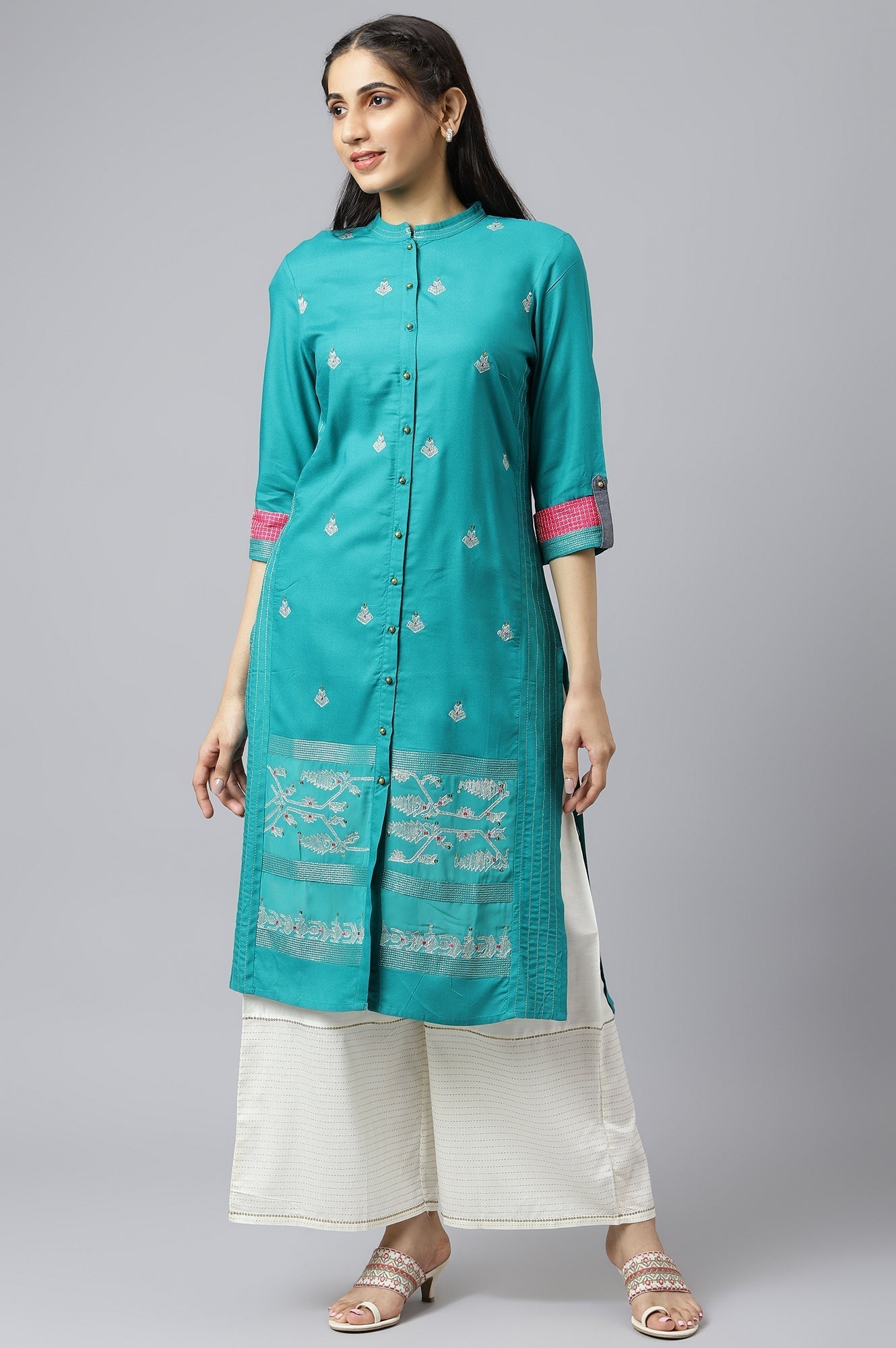 W for Woman Teal Embroidered Kurta Set | Grocsy