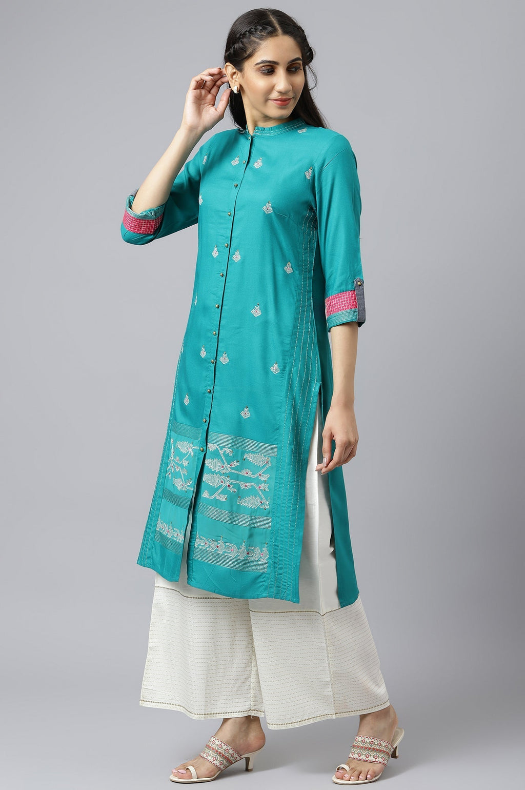 W for Woman Teal Embroidered Kurta Set | Grocsy