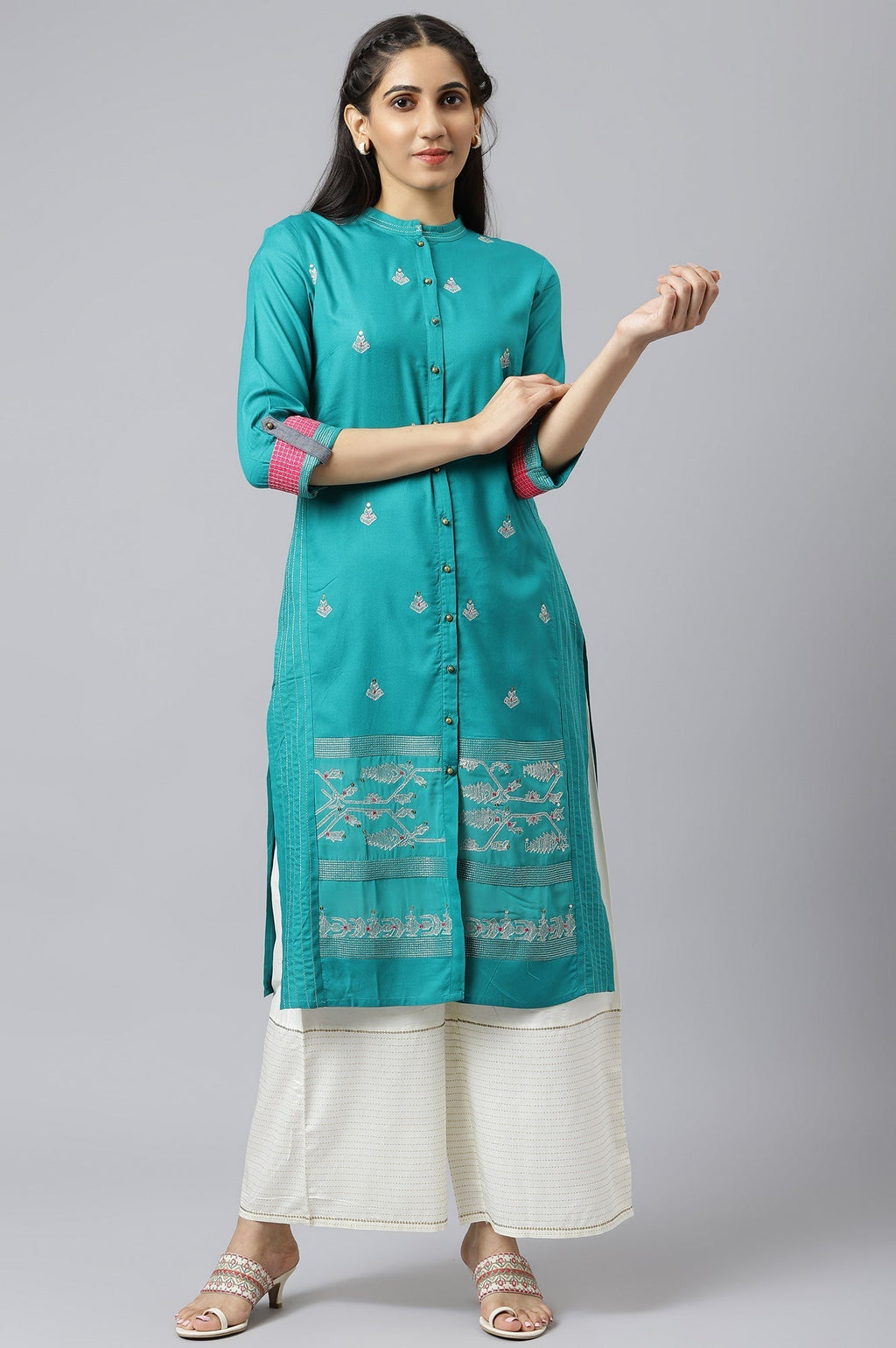 W for Woman Teal Embroidered Kurta Set | Grocsy