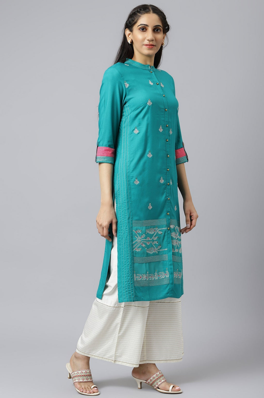 W for Woman Teal Embroidered Kurta Set | Grocsy