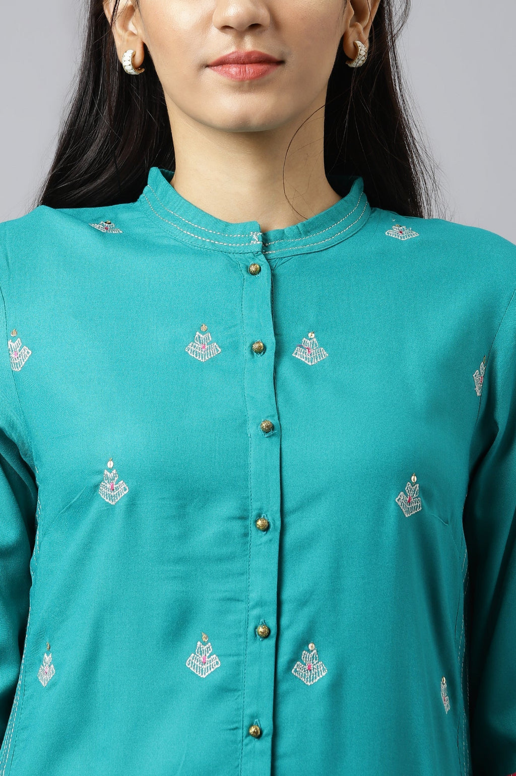 W for Woman Teal Embroidered Kurta Set | Grocsy