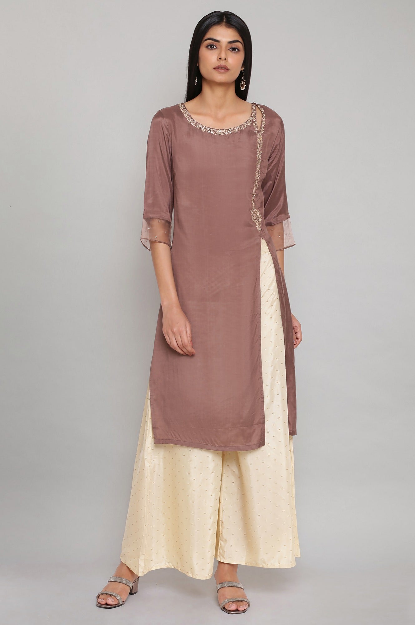 W for Woman Purple Embroidered kurta-Flared Pants Set | Grocsy