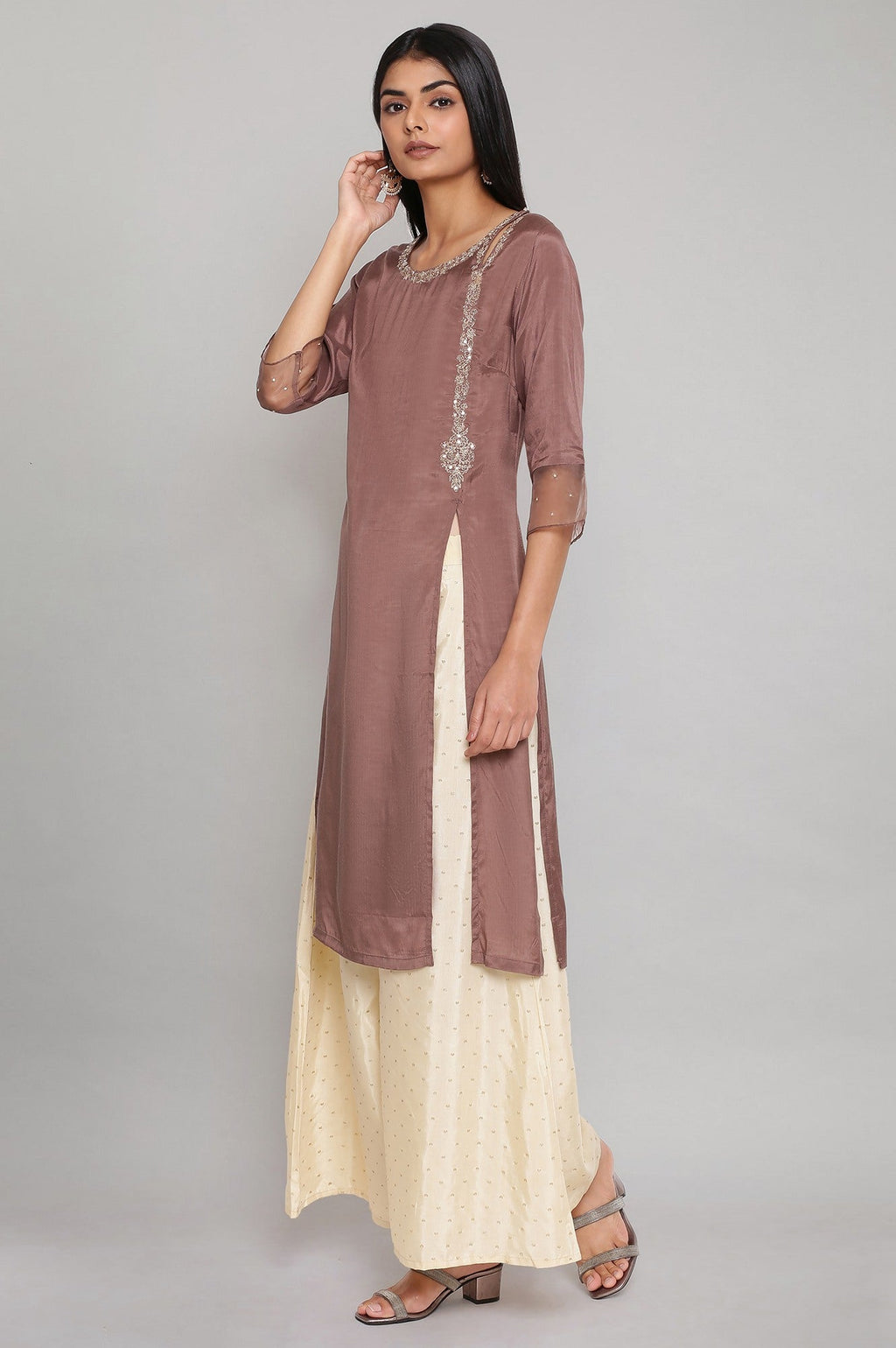 W for Woman Purple Embroidered kurta-Flared Pants Set | Grocsy