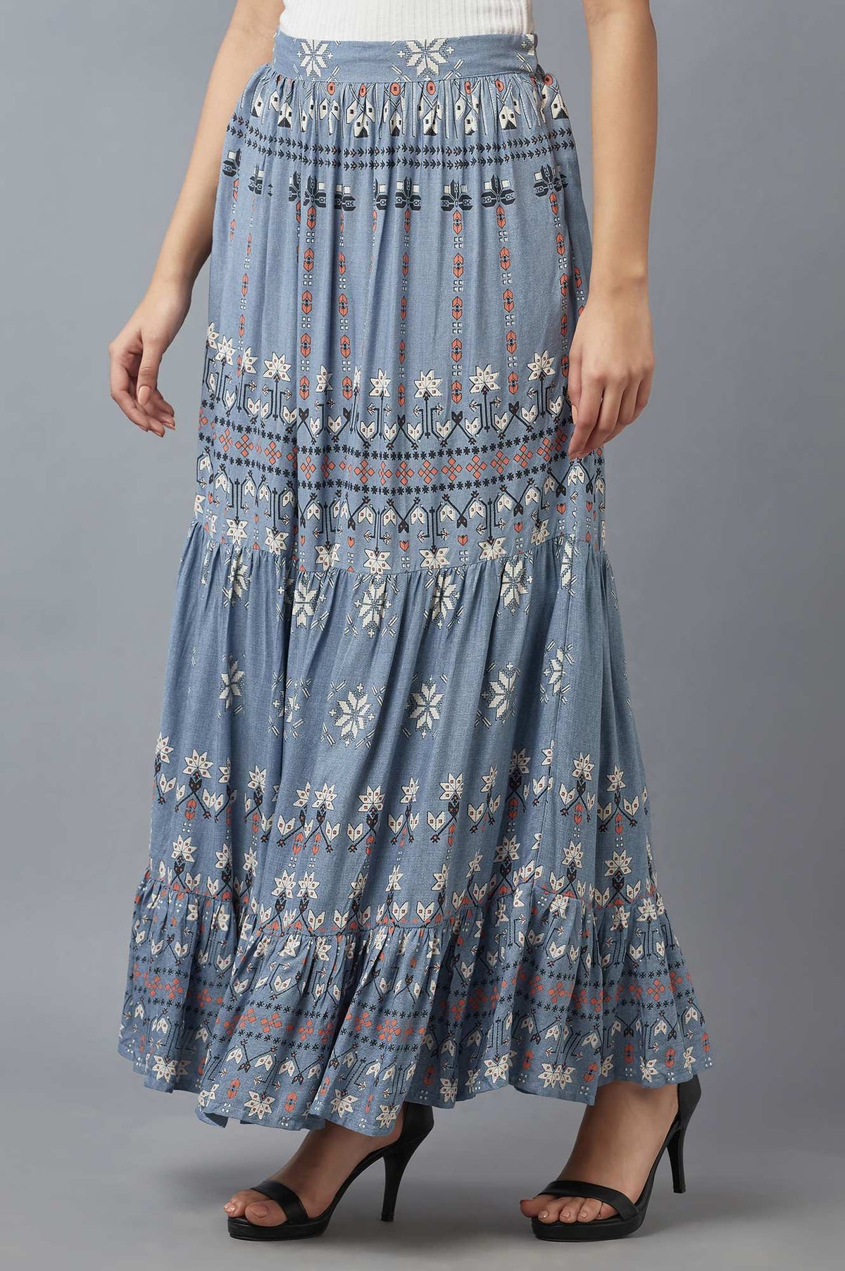 W for Woman Chambray Blue Tiered Skirt | Grocsy