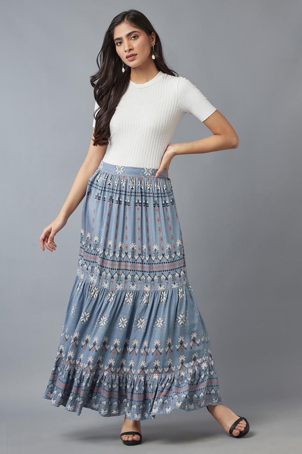 W for Woman Chambray Blue Tiered Skirt | Grocsy