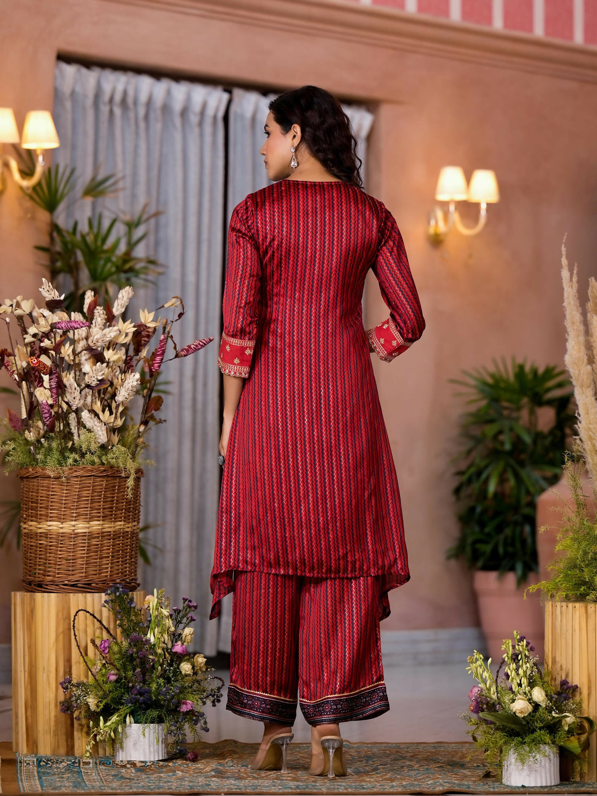 Juniper Women's Red Geometric Printed Satin Asymmetrical Kurta Pant And Dupatta Set With Zari & Mirror Work | Grocsy