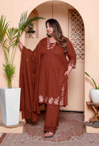 Miravan Womens Plus Size Embroidered Cotton Kurta with palazzo & Dupatta Set | Grocsy