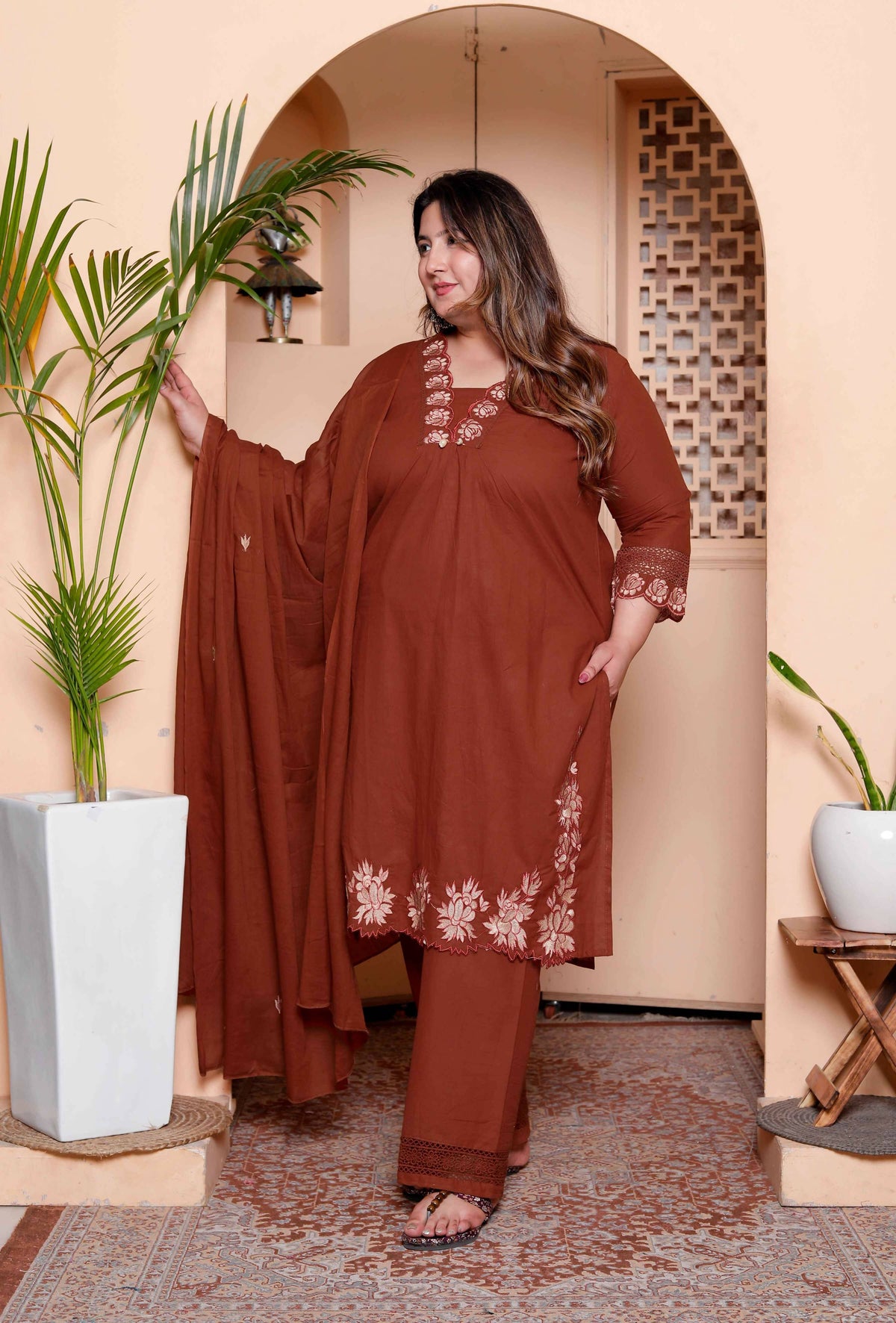 Miravan Womens Plus Size Embroidered Cotton Kurta with palazzo & Dupatta Set | Grocsy