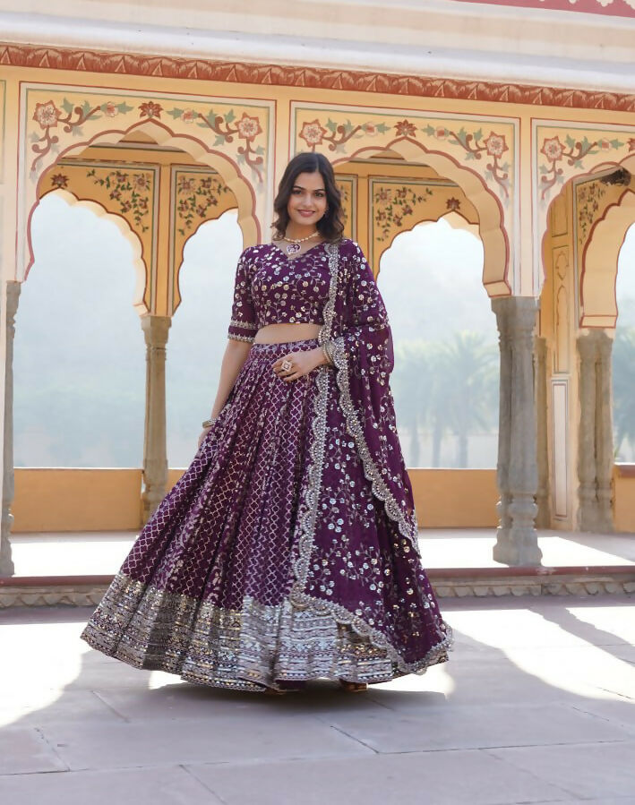 Lorenvalley Purple Pure Viscose Jacquard With Embroidered Sequins work Lehenga Choli | Grocsy