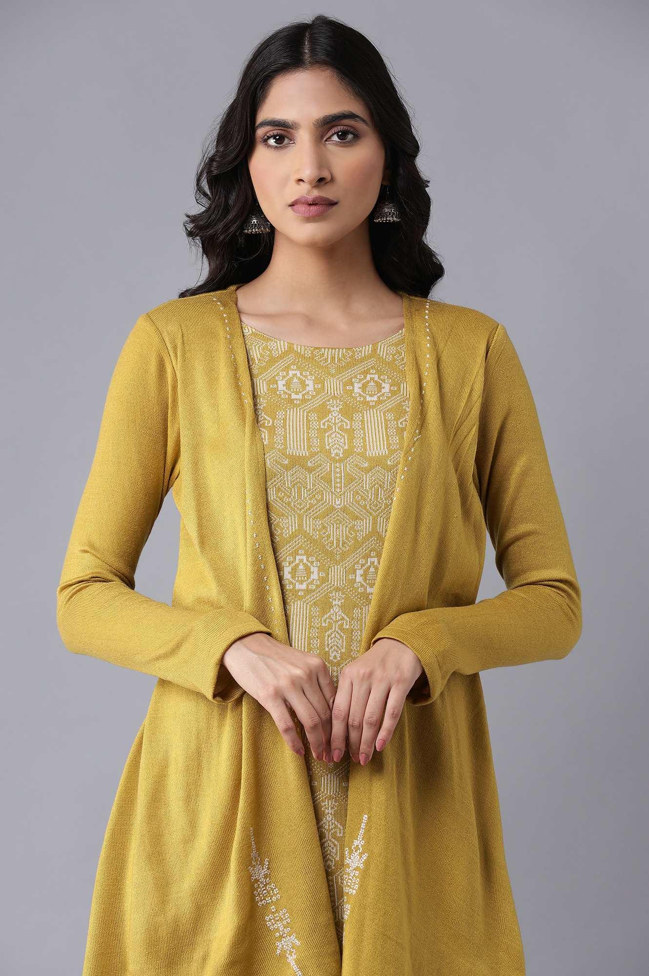 W for Woman Yellow Embroidered Winter Jacket | Grocsy
