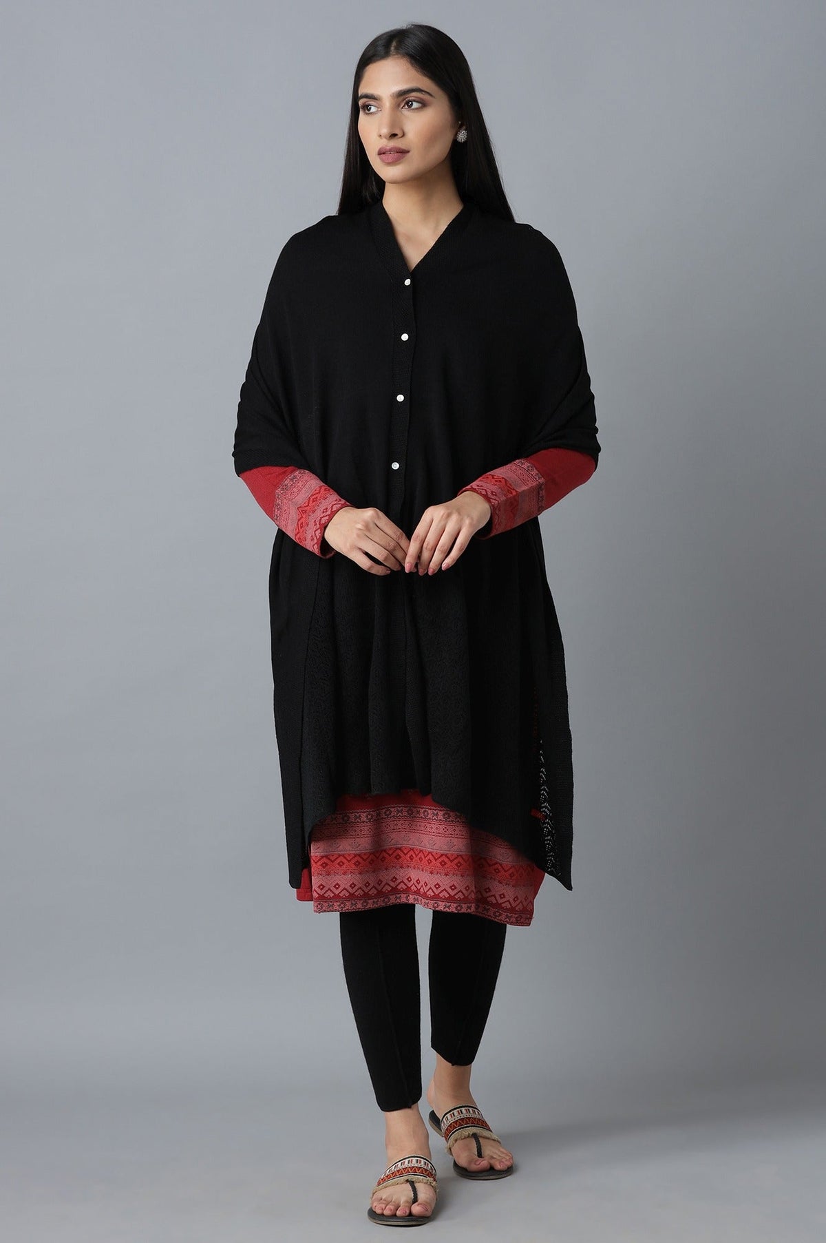 W for Woman Black A-line Poncho | Grocsy