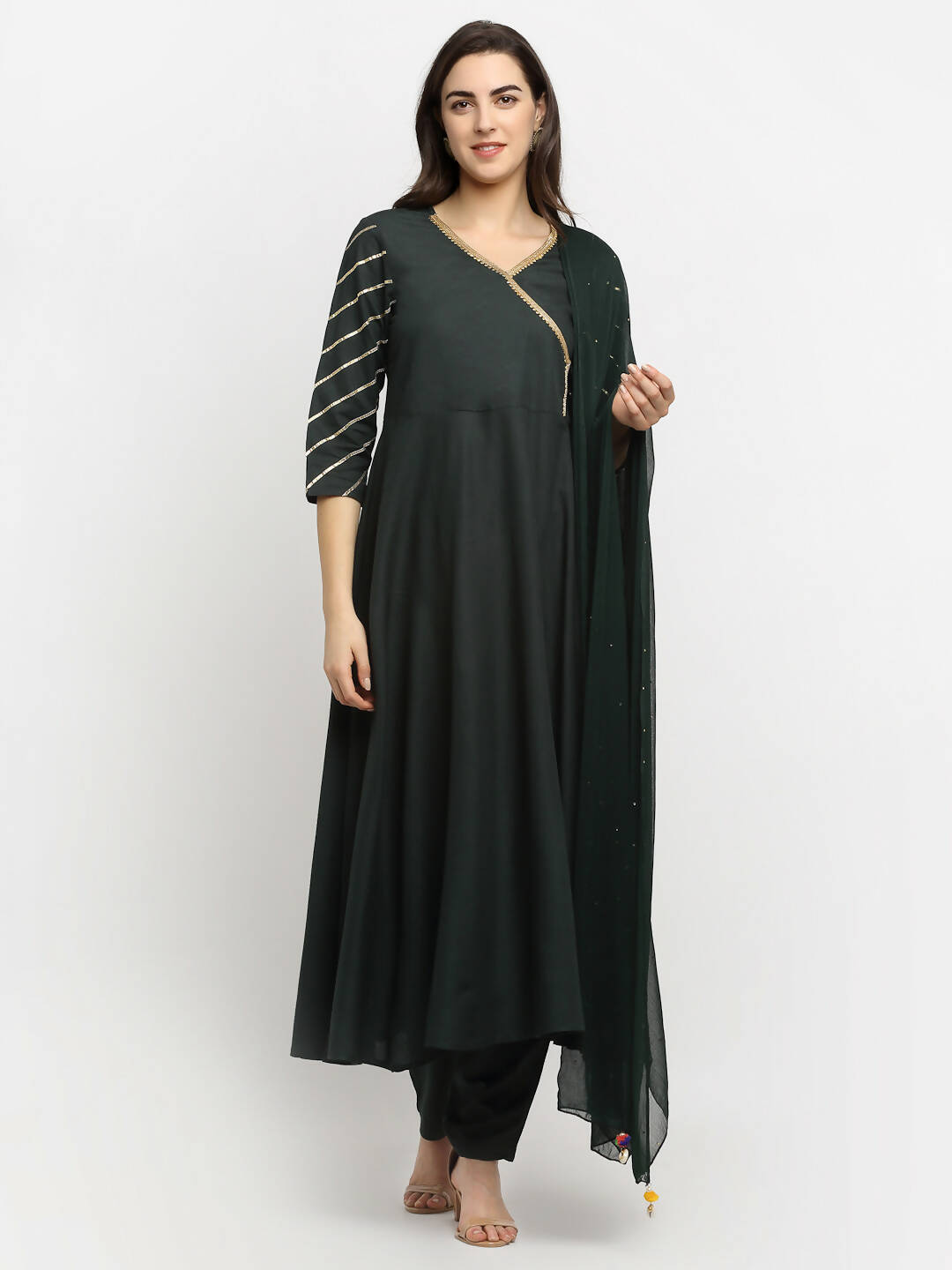 Rudra Bazaar Green Angrakha Style Flared Anarkali Kurta with Pyjamas & Dupatta | Grocsy