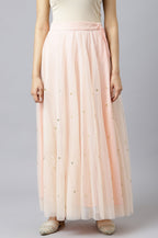 W for Woman Blush Pink Mesh Flared Skirt | Grocsy